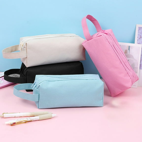 Double Layer Oxford Fabric Pen Pouch | Large Capacity Zipper Stationery Organizer with Compartments | Double Drawstrings | Portable | 1 Pack | 20x8x7.5cm | Pink Blue White Black