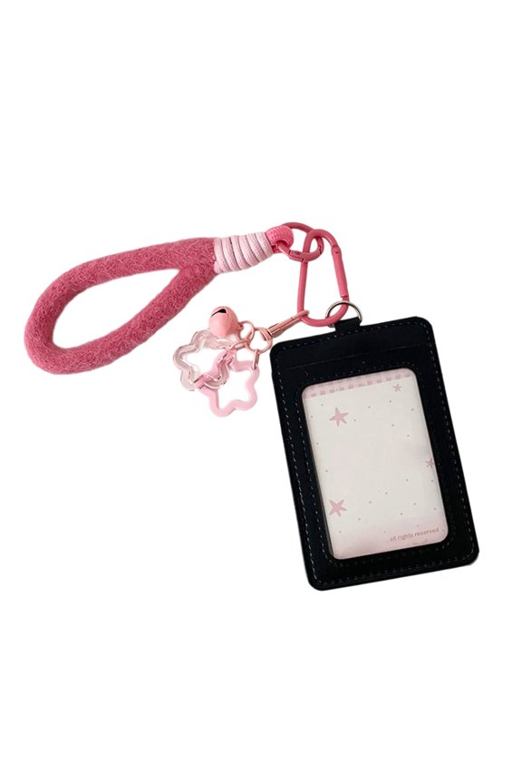 Double Layer PU Leather Card Sleeve With Metal Keychain Hook And Detachable Wrist Lanyard For Holding Badge Photo Cards