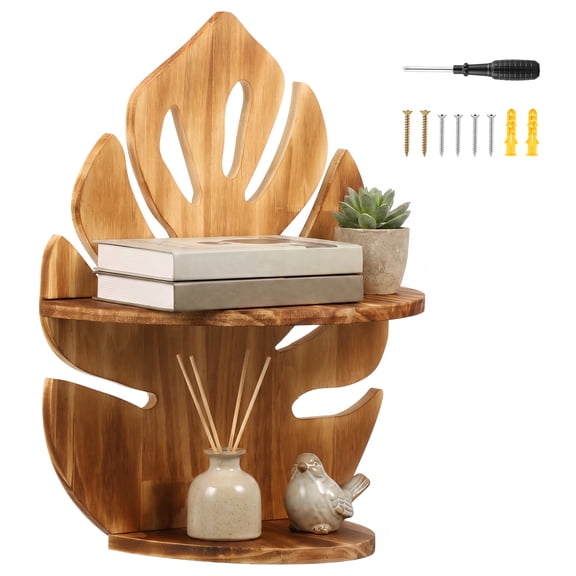 Double Layer Palm Leaf Shaped Wall Shelves,Wooden Floating Shelves with Hollow Design for Living Room Kitchen Bedroom,12.4 x 15.7 x 5.9 inches