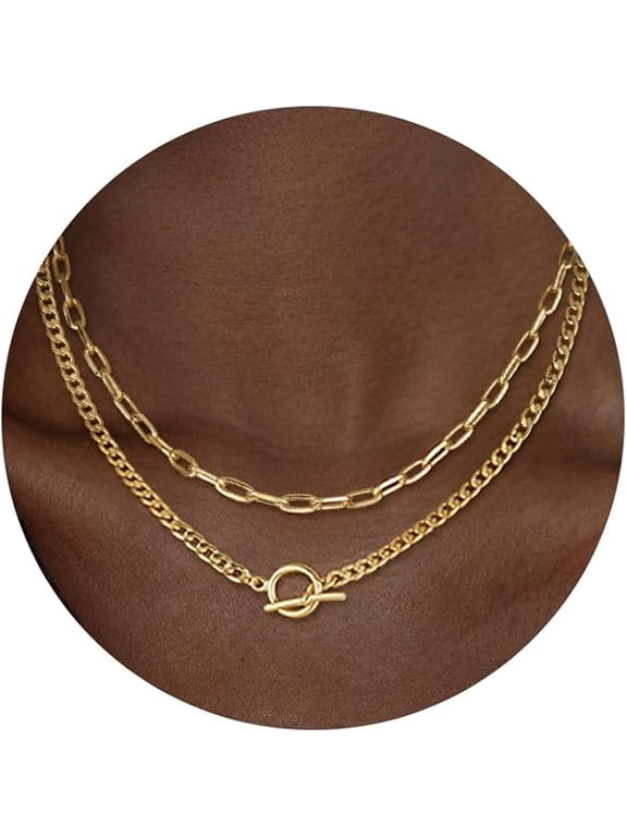 Double Layer Paperclip Chain Necklace - Geometric OT Clasp Layered Choker Hip-Hop Style Stackable Gold Necklace For Women Minimalist Dainty Layered Chains