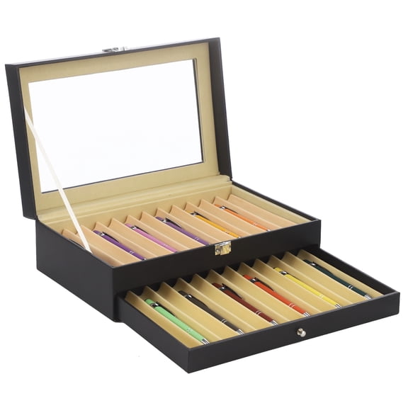 Double-Layer Pen Storage Box, 24 Slots Pens Container with Glass Top Display, Pen Display Case with Soft Inner Cushion, 12.1 x 7.7 x 3.9 in Elegant Organizer for Fountain Pens Collection