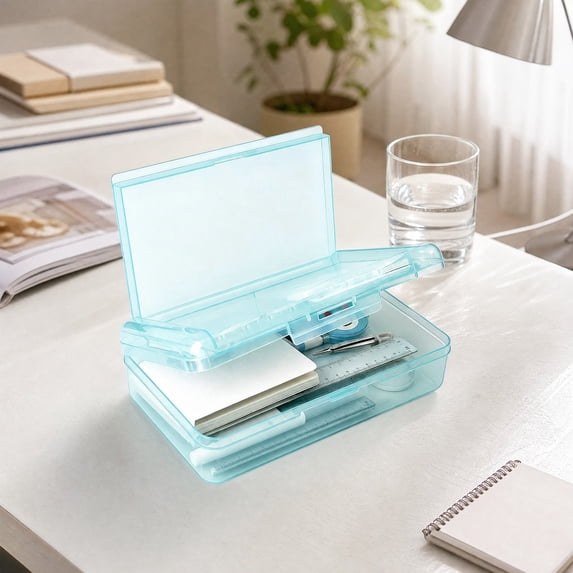 Double Layer Pencil Box, Large Capacity Plastic Hard Crayon Box, Durable Plastic Clear Marker Organizer with Snap Lid, Stackable Storage Boxes (Blue, 8''X5''X2'')