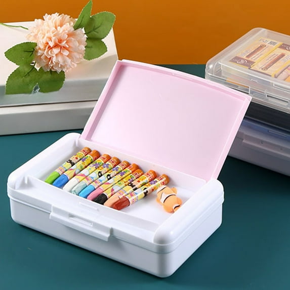 Double Layer Pencil Box, Large Hard Pencil Case Organizer, Clear Plastic Crayon Box for Men Women, Colored Marker Organizer, Small Plastic Containers/Bins with Lids, Art Supply Storage, Pink