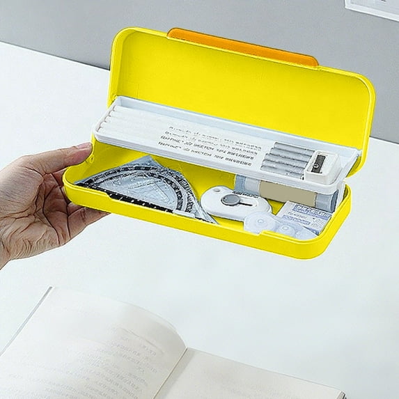 Double Layer Pencil Case - Large Capacity Plastic Storage Box with 2 Compartments for Pens, Erasers, Scissors & Art Supplies (8.6 Inch)