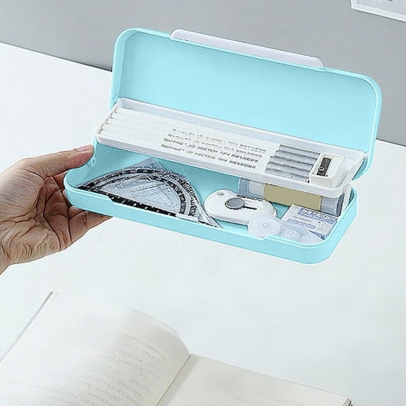 Double Layer Pencil Case - Large Capacity Plastic Storage Box with 2 Compartments for Pens, Erasers, Scissors & Art Supplies (8.6 Inch)