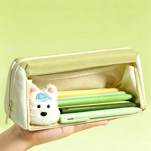 Double Layer Pencil Case, Wide Opening Clear Pencil Pouch with Built-in Phone Stand, 8.2 Inch Storage Bag for Office, Makeup, Daily Essentials
