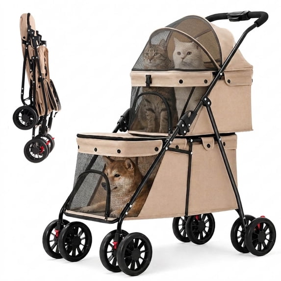 Double Layer Pet Stroller Cat dog pram, Lockable Wheels Carriers, Foldable for storage, for Small Medium Sized Pets, Simple assembly, for Multi-Pet Homes