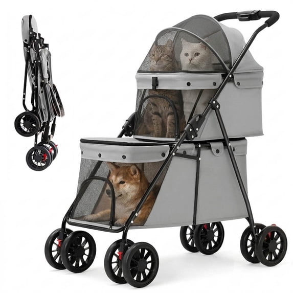 Double Layer Pet Stroller, Cat & Dog Pram, Lockable Wheels, Foldable, Simple Assembly, for Small‑Medium Sized Animals, Multi‑Pet Household