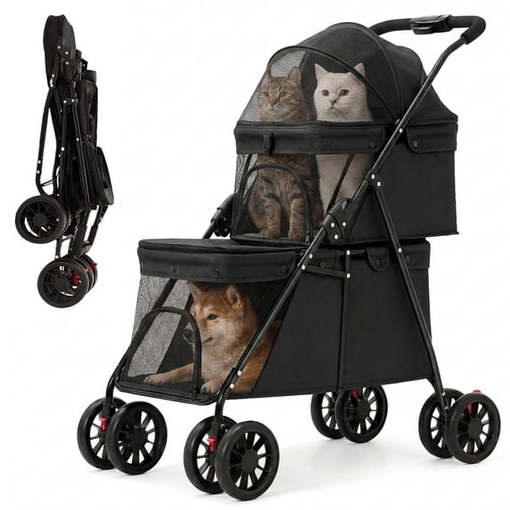 Double Layer Pet Stroller, Cat & Dog Pram, Lockable Wheels, Foldable, Simple Assembly, for Small‑Medium Sized Animals, Multi‑Pet Household