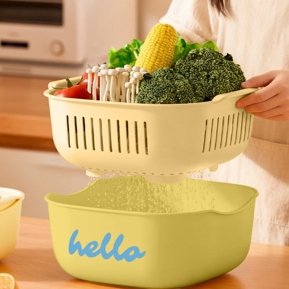 Double Layer Plastic Draining Basket Multi Functional Kitchen Storage Bin for Washing Vegetables Fruits Colander with Handle