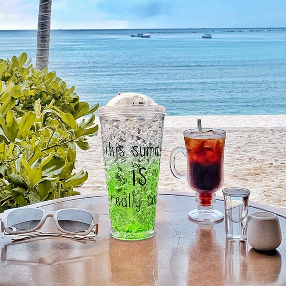 Double Layer Plastic Gel Refrigeration Mug | Sliding Leak-Proof Straw Lid | Gradient Colors | 22x10cm | Fast Chill Insulated Cold Cup for Outdoor, Travel, Summer Drinks | 1Pc Gift Tumbler