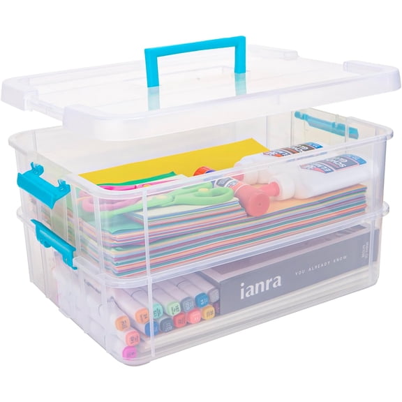 Double Layer Plastic Storage Boxes with Lids, Multipurpose Clear Stacking and Carrying Boxes, Portable Craft Organizers and Storage Boxes for Organizing Arts and Crafts, Sewing, Makeup, Nail Art Supp