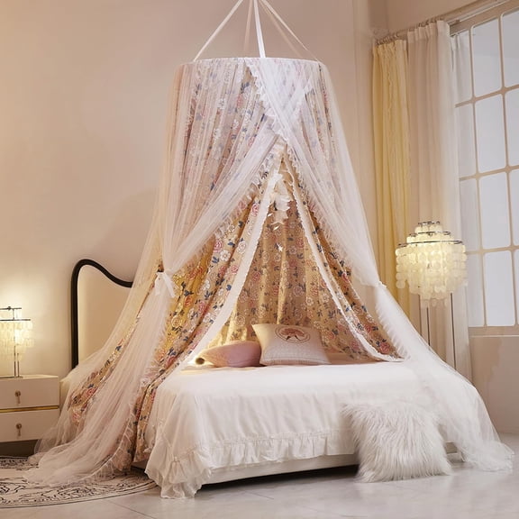 Double Layer Princess Round Dome Canopy Bed Curtain for Girls Adults,Children Dreamy Mosquito Net,Cute Bedroom Decoration Castle Play Tent Reading Nook Canopies (Flowers/White)