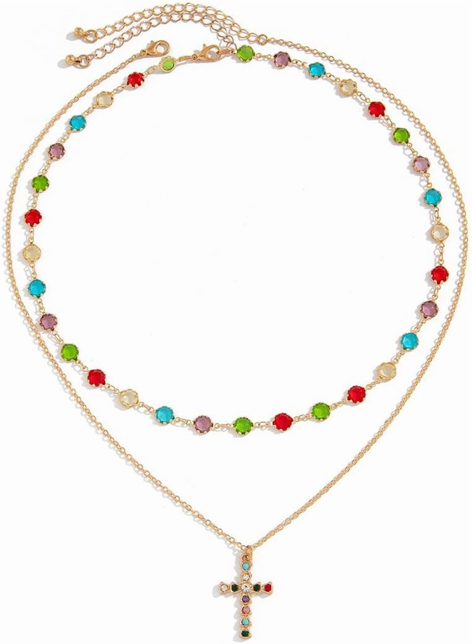 Double-Layer Pro Cross, Exquisite Multi-Color Beaded Necklace Jewelry Set, Simple Crystal Cross, Faith Stacked Clavicle Chain, Pendant Choker Necklace[t331]