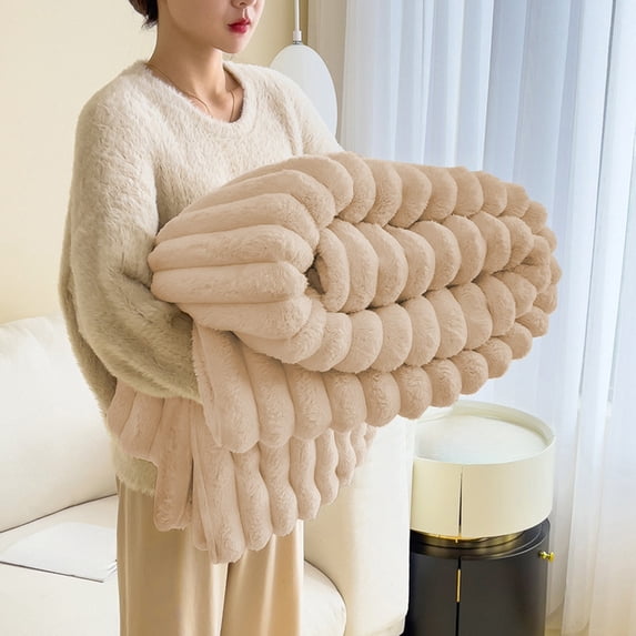 Double Layer Raschel Blanket Soft Thick Throw | Cozy Warm Fleece for Bed, Sofa & Couch | Lightweight Polyester, 27.56"x39.37" - Khaki