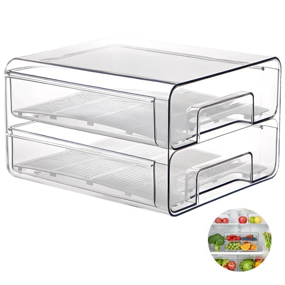 Double Layer Refrigerator Organizer,Stackable Clear Bin with Drain Tray & Dividers,9.7x8.4x5.6 Inch, for Fruits, Vegetables,Eggs,Refrigerator Storage