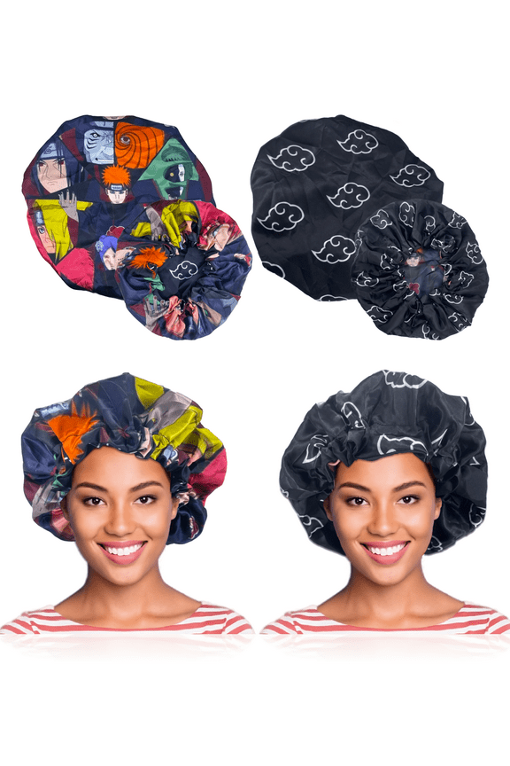 Double Layer Reversible Anime Bonnet - Comfortable Satin Silk Fabric with Elastic Soft Band, Women Men Bonnets for Sleeping (Black Cloud Pain Duo)