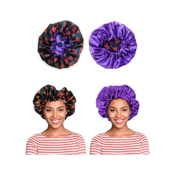 Double Layer Reversible Anime Bonnet for Men and Women - Comfortable Satin Silk Fabric with Elastic Soft Band, Akat Purple