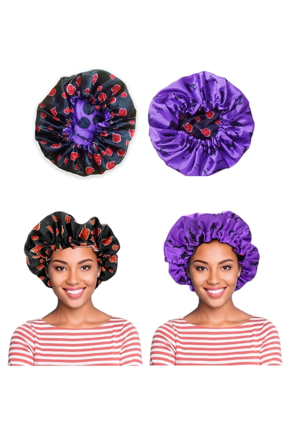 Double Layer Reversible Anime Bonnet for Men and Women - Comfortable Satin Silk Fabric with Elastic Soft Band, Akat Purple