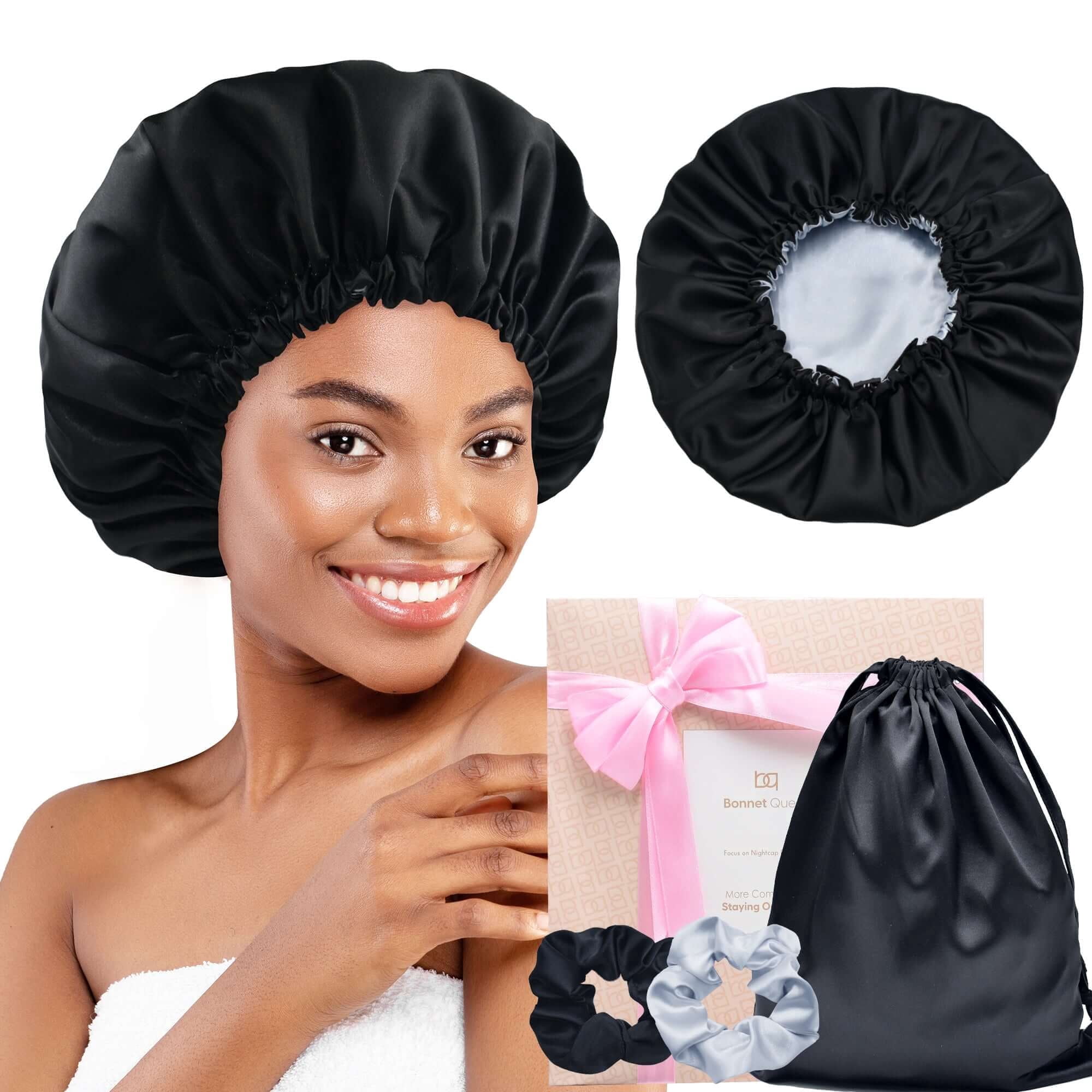Double Layer Reversible Elastic Silky Satin Bonnet with 2 Scrunchies ...