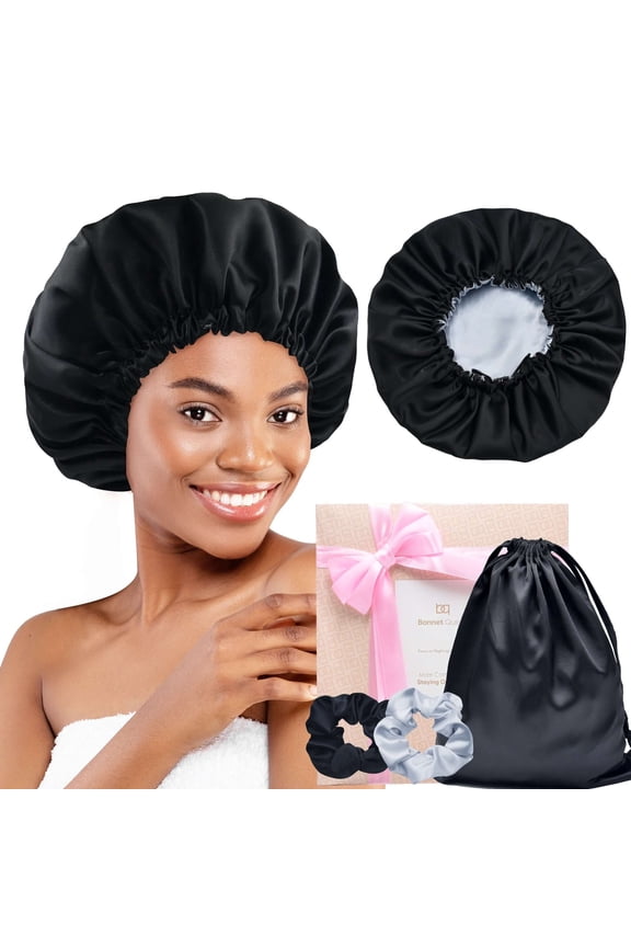 Double Layer Reversible Elastic Silky Satin Bonnet with 2 Scrunchies & 1 Satin Bag Black Silver Grey