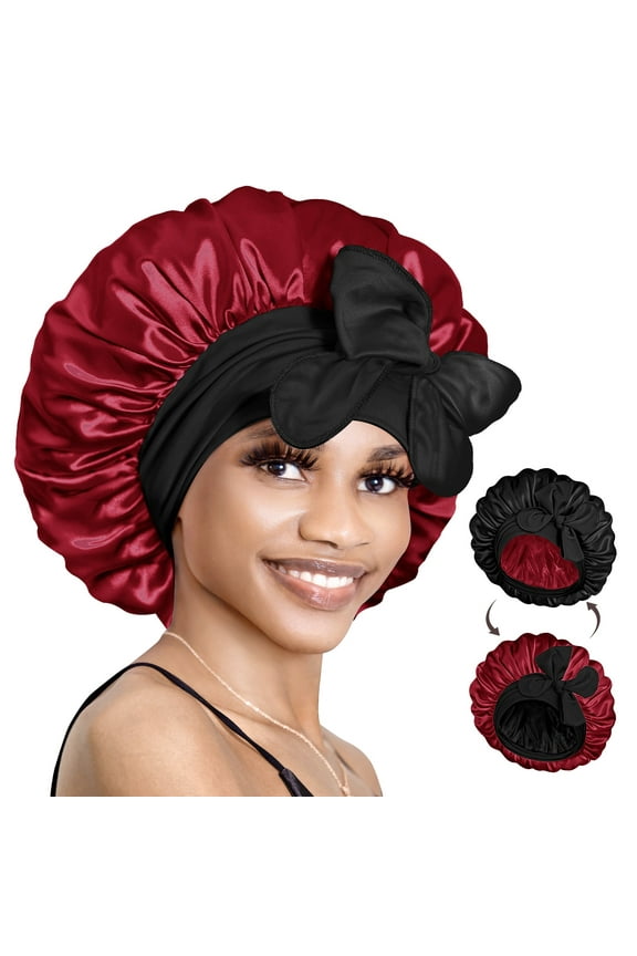 Double Layer Reversible Silky Satin Bonnet with Tie Band Black Burgundy