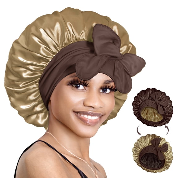 Double Layer Reversible Silky Satin Bonnet with Tie Band Chocolate Gold