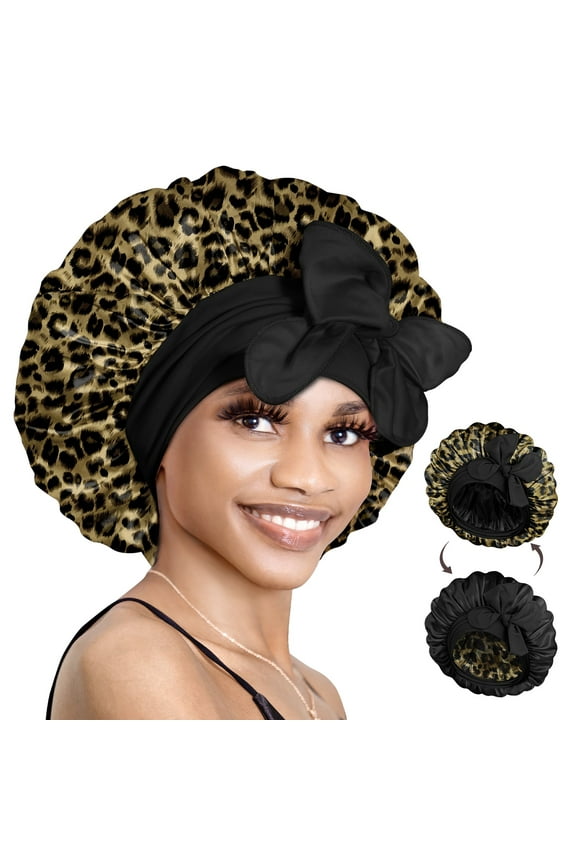 Double Layer Reversible Silky Satin Bonnet with Tie Band Leopard