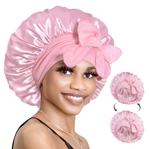 Double Layer Reversible Silky Satin Bonnet with Tie Band Pink