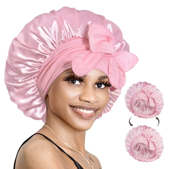 Double Layer Reversible Silky Satin Bonnet with Tie Band Pink