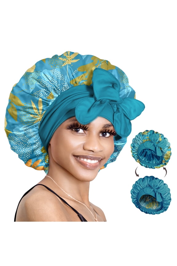 Double Layer Reversible Silky Satin Bonnet with Tie Band Printed Color