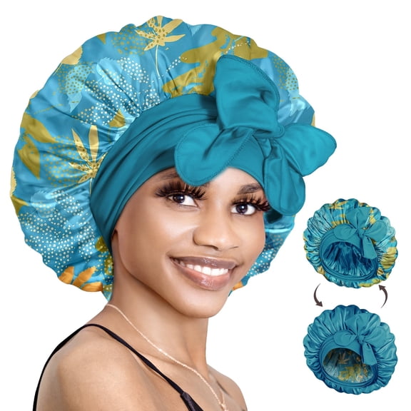 Double Layer Reversible Silky Satin Bonnet with Tie Band Printed Color