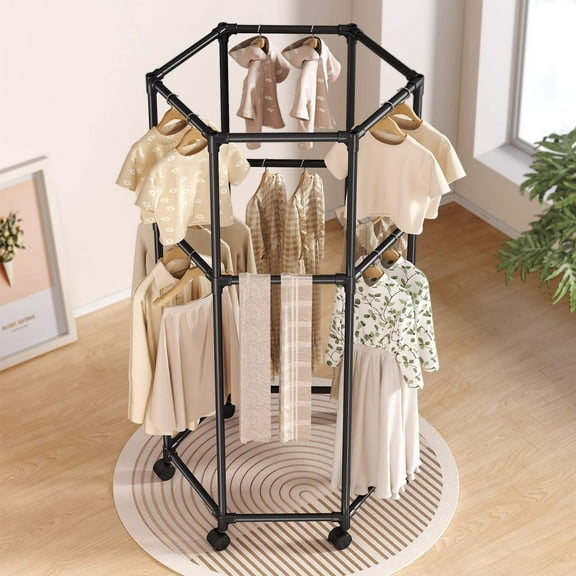 Double-Layer Rotating Clothes Hanger,2026 Hexagonal Floor Standing Drying Rack with Wheels,Multifunctional Storage for Clothes Bags Hats and Towels,Dormitory Bedroom or Apartment Use-Black