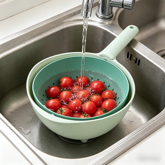 Double Layer Rotating Colander with Handle - Durable Food-Grade Plastic Kitchen Strainer for Effortless Washing of Fruits, Vegetables, and Pasta Green