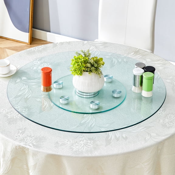 Double Layer Rotating Tempered Glass Table Top  30.3" Round Rotatable Glass Tabletop with 15" Base, Sturdy & Scratch-Resistant, Modern Centerpiece for Living Room, Dining Table, Office Desk