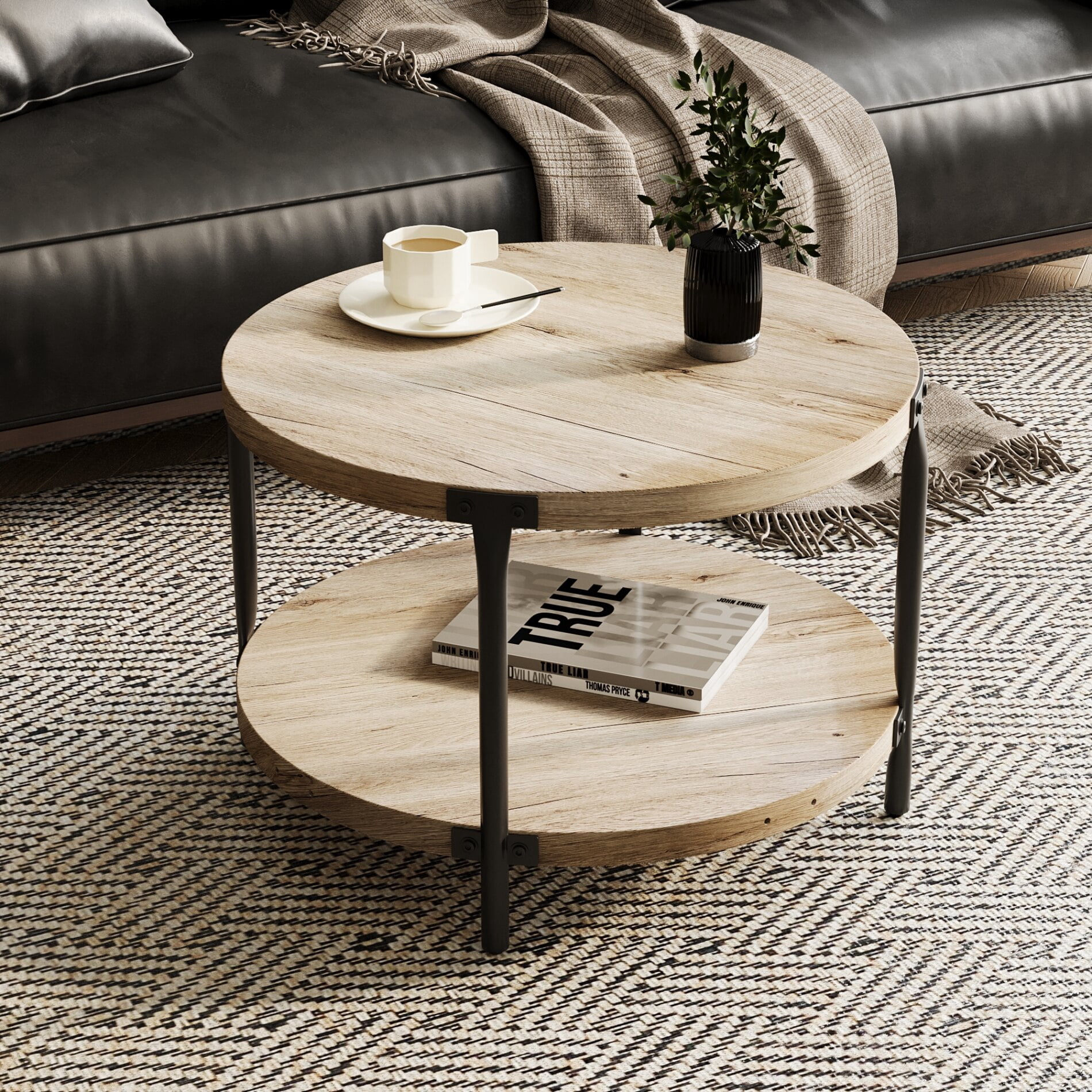 Double Layer Round Coffee Table with Metal Frame & Solid Wood Top ...