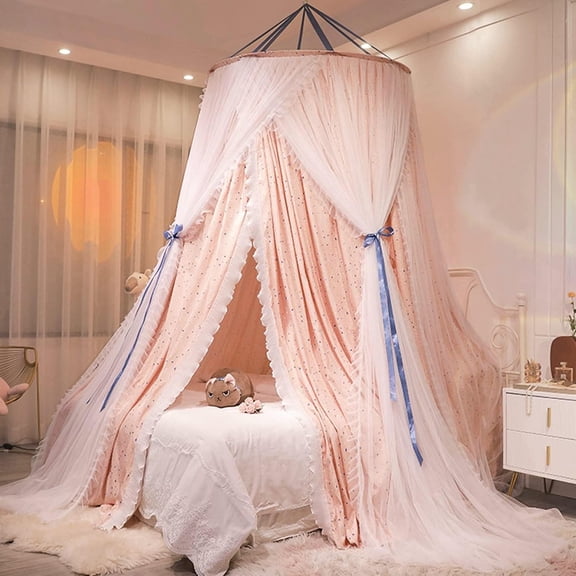 Double Layer Round Dome Bed Canopy with Lace Netting Star Color