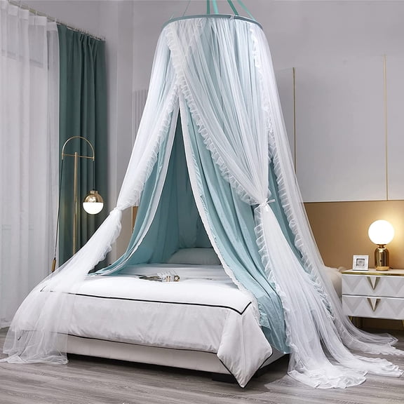 Double Layer Round Dome Canopy Bed Curtain for Girls and Adults, Green and White