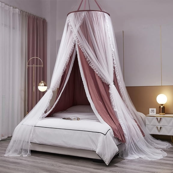 Double Layer Round Dome Canopy Bed Curtain for Girls and Adults Rust Red and White