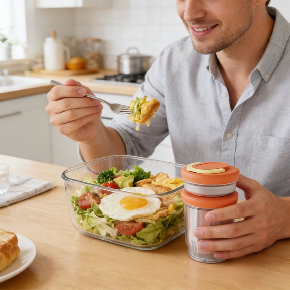 Double Layer Salad Cup Portable Heatable Fruit Cup with Fork Independent Compartments Leak-Proof for Office Outdoor Travel Breakfast Picnic Healthy Food Storage Convenient Practical Use