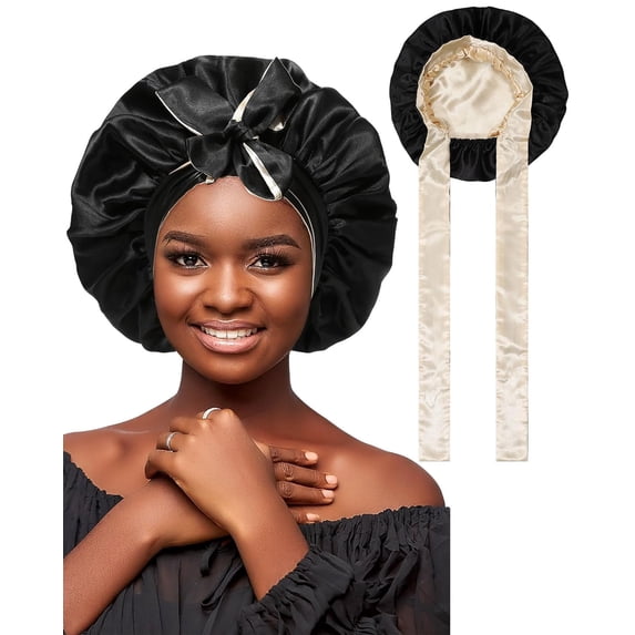 Double Layer Satin Hair Bonnet with Tie Band, Reversible Silk Sleep Cap, Soft Breathable Night Hair Wrap for Curly Natural Hair Daily Hair Care