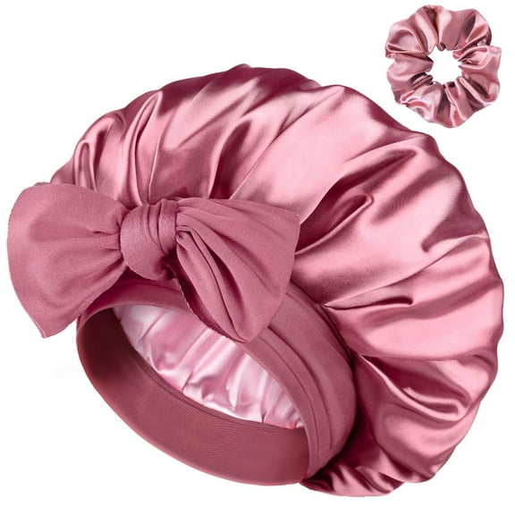 Double Layer Satin Silk Bonnet for Sleeping Hair Bonnet with Elastic Tie Band for Curly Hair Wig Caps Beanpaste Pink