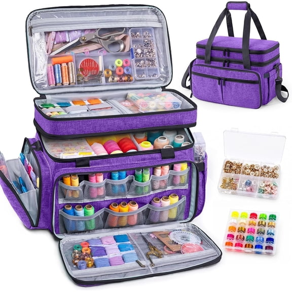 Double Layer Sewing Organizer Bag with 2 Clear Storage Sewing Boxes