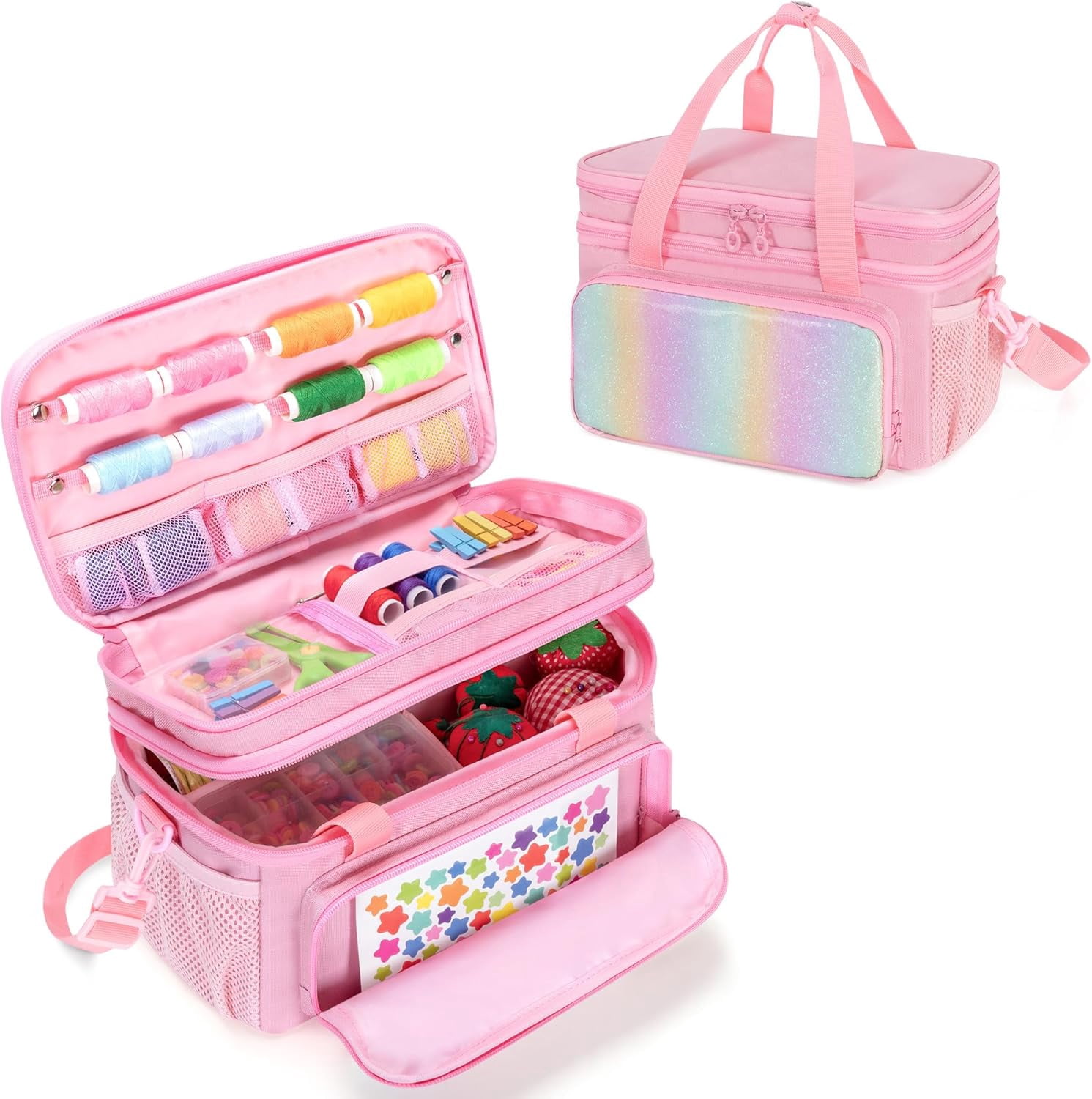 Double Layer Sewing Organizer for Crafts Sewing Supplies, Crafts Accessories Bag, Portable Sewing Box with Handle and Detachable Shoulder Strap, Rainbow Sequins Design, Pink (Case Only)