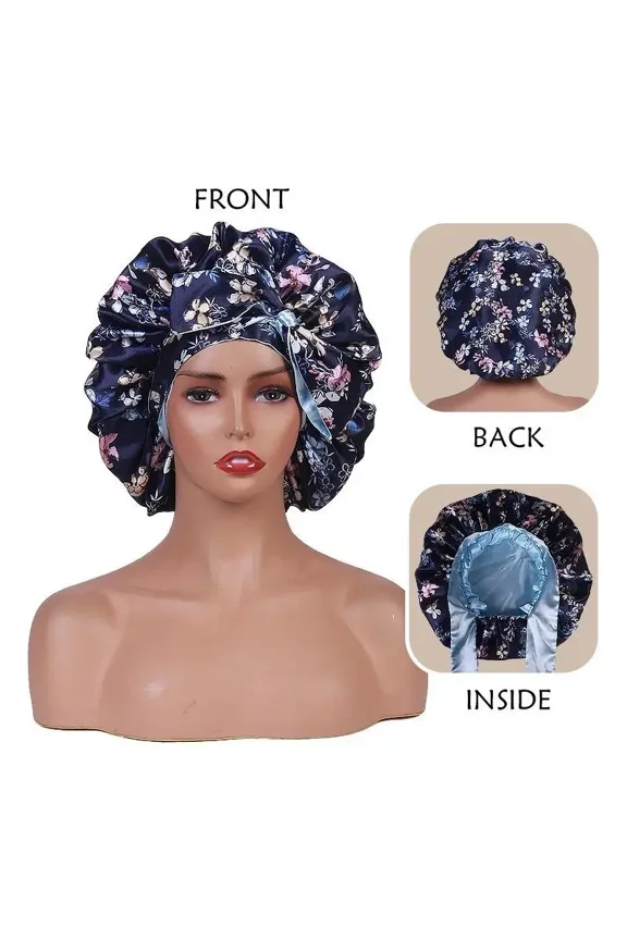 Double Layer Silk Sleep Cap for Curly Hair – Adjustable Tie Band Hair Bonnet for Frizz Control and Moisture Retention by ROHAJSHOP
