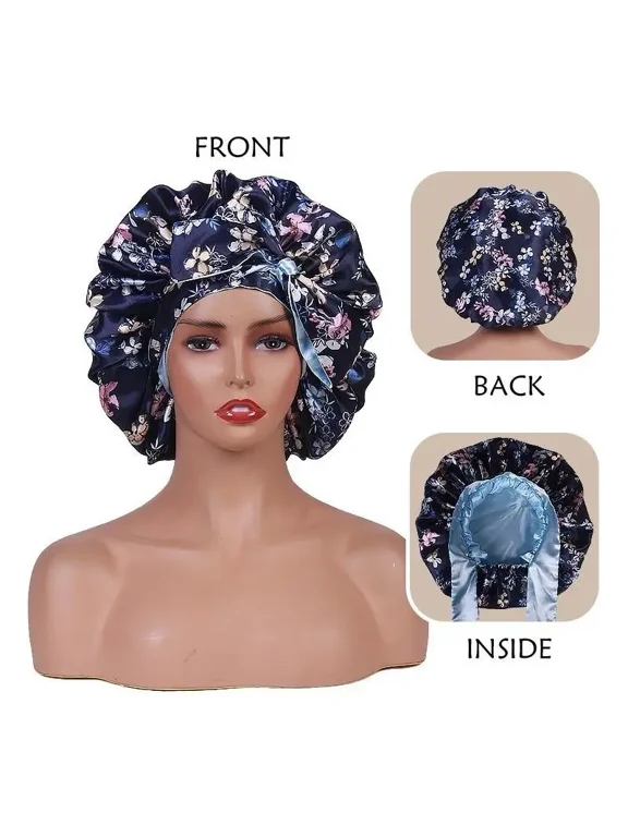 Double Layer Silk Sleep Cap for Curly Hair – Adjustable Tie Band Hair Bonnet for Frizz Control and Moisture Retention by ROHAJSHOP