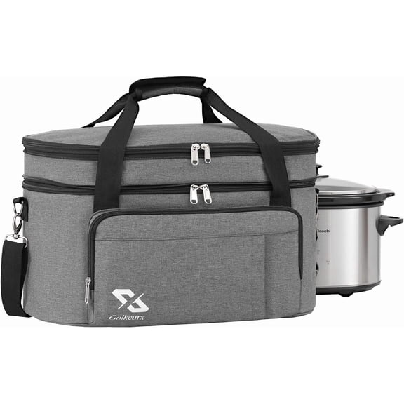 Double Layer Slow Cooker Bag for 6-8 Quart Oval CrockPot and Models with Padded Adjustable Strap Top Zip Compartment and Front Pocket for Utensils(Bag Only)
