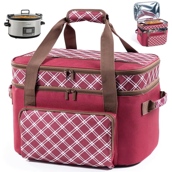 Double Layer Slow Cooker Carrier Bag - Fits 6-8 Qt Oval Slow Cooker Compatible with CrockPot & Hamilton Beach | Insulated Travel Tote with Utensil Storage & Adjustable Straps Y101