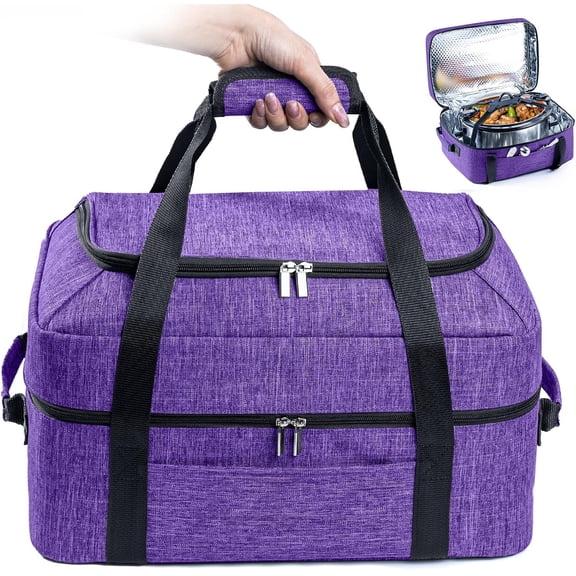 Double-Layer Slow Cooker Carrying Bag for 6-8 Quart CrockPot and Slow Cooker, Travel Bag with Lid Fastener for , Portable Carrier Case Slow Cooker Bag, Purple