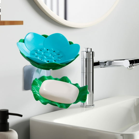 Double Layer Soap Dish Holder for Shower Cute Lotus Shape Adhesive Tray Wall Mounted No-Drilling Drain Soap Box Soap Rack for Bathroom Bathtub Kitchen Organization